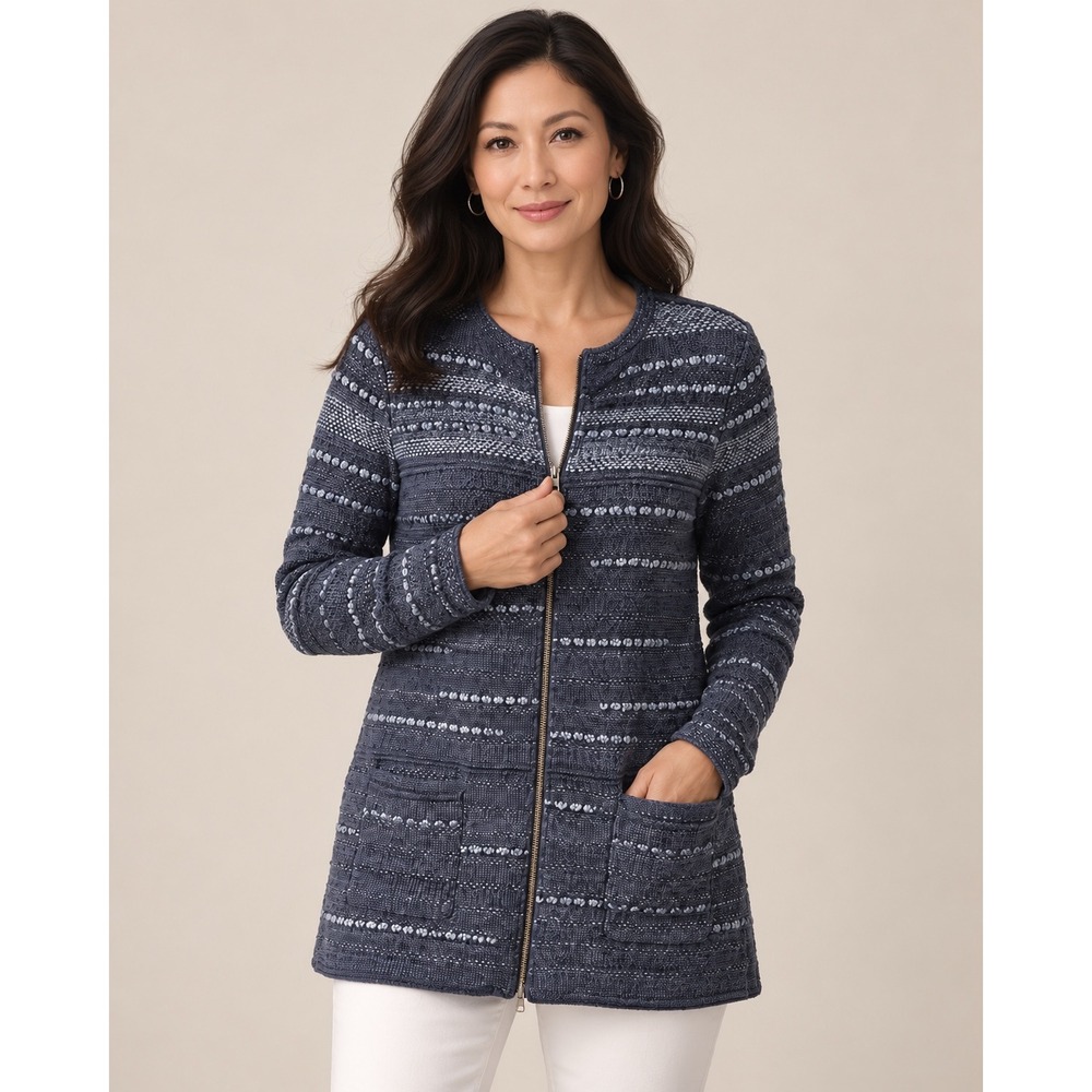NIC+ZOE Women's Large Blue Space Dye Textured Zip Front Longline Cardigan NWOT